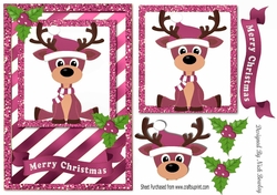 Cute reindeer in pink stripe glitter frame card front with holly