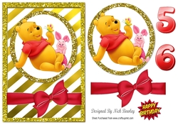 cute bear and piglet in gold stripe glitter frame with bow A5