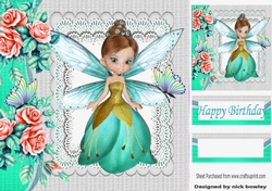 sweet pea turq faerie with pink roses & rainbow butterflies 8x8