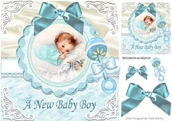 Sweet baby boy with blue bow & rattle on lace/fur 8x8