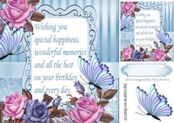 pretty blue/pink roses  & butterflies with verse 8x8