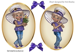 Two lovely card fronts of little girls in purple hats and bows