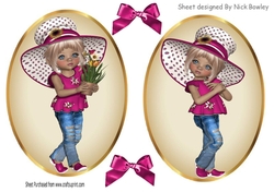 Two lovely card fronts of little girls in cerise pink hats and bows
