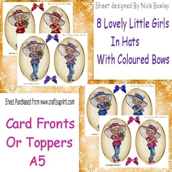 8 Lovely Girls in coloured hats card fronts/toppers red, purple, blue & cerise 4 sheets set 1 kit