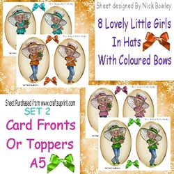 8 Lovely Girls in coloured hats card fronts/toppers  4 sheets Green, turq, orange, pink set 2 kit