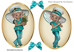 Two lovely card fronts of little girls in turq hats and bows