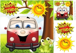 HAPPY CAMPERS! Toony faced campervan in red with frog 8x8