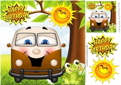 HAPPY CAMPERS! Toony faced campervan in brown with frog 8x8