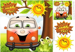 HAPPY CAMPERS! Toony faced campervan in orange with frog 8x8