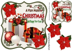 Christmas presents with baubles & poinsettias in holly frame 8x8