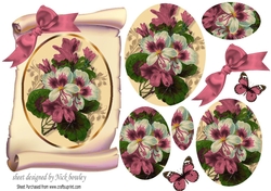 pretty pink fuchsia on a scroll with butterflies, and bow oval pyramids