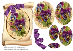 pretty shades of purple pansies on a scroll oval pyramids