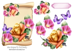 Beautiful roses with butterflies on a scroll