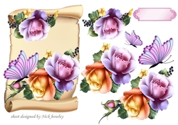 Beautiful roses with berries & purple butterflies on a scroll
