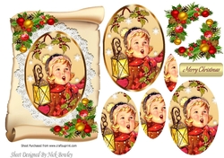 Lovely Vintage little girl singing carols on lace with a scroll  oval pyramids