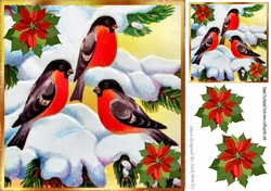 Lovely painted robins playing in the snow with poinsettias 8x8