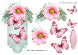 pretty pink flowers and butterflies on a plaque