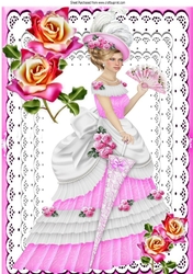 Pretty vintage lady on lace in pink with roses, A4
