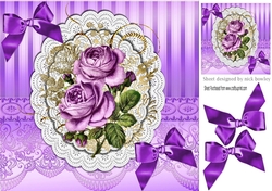 purple roses on doilies with satin bows 8x8