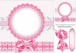 Pink frilly, polkadot & gingham card front with topper and bow 8x8