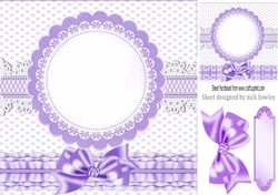 Purple frilly, polkadot & gingham card front with topper and bow 8x8