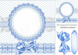 Blue frilly, polkadot & gingham card front with topper and bow 8x8