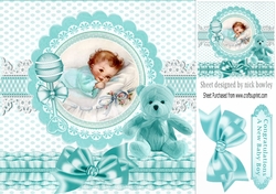 cute little baby boy with his blue teddy and rattle 8x8