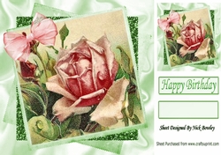 vintage pink roses on glitter stacked frame with organza bow 8x8