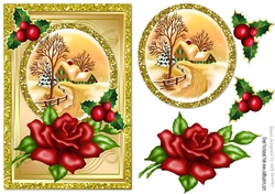 pretty snow cottage with red rose and holly A5