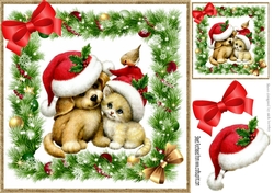 cute puppy and kitten in santa hats in festive frame 8x8