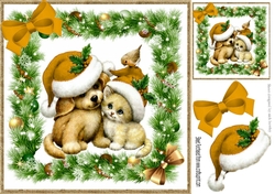 cute puppy and kitten in gold santa hats in festive frame 8x8