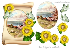 lovely scene of cornwall with sheep and sunflowers on a scroll