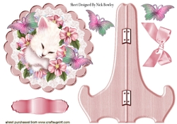 cute kitten with flowers on lace plate with stand & bow