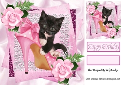 Cute black kitten in shoe with pink roses 8x8