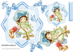 little bonnet girl gardening with her little kitten card front with blue bows