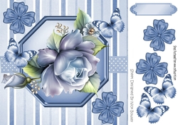 pretty blue roses in stripe/polkadot frame with bows and butterflies 8x8
