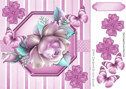 pretty pink roses in stripe/polkadot frame with bows and butterflies 8x8