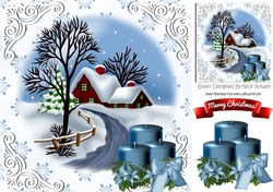 Lovely christmas scene with cottage & blue candles 8x8
