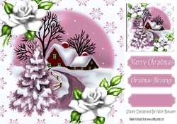 Lovely christmas scene with cottage & pink tree 8x8