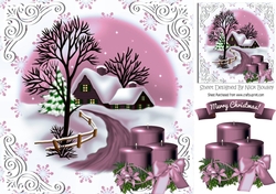 Lovely christmas scene with cottage & pink candles 8x8