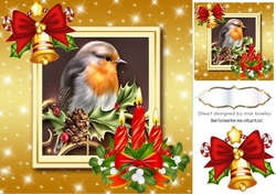 Robin in gold star frame with candles & holly 8x8