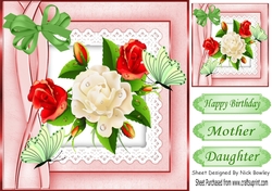Pretty red/white roses with butterflies on lace with bow 8x8