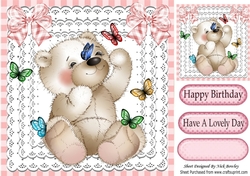 cute little bear playing with butterflies on lace with bows 8x8