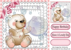 cute little bear blowing bubbles on lace with bow 8x8