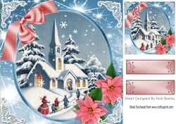 Lovely snow scene of a church with poinsettias 8x8