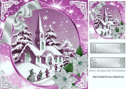 Lovely snow scene of a church with silver/pink poinsettias 8x8