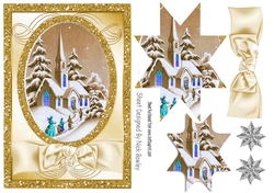 Lovely Christmas scene of a church with gold bow, star pyramids
