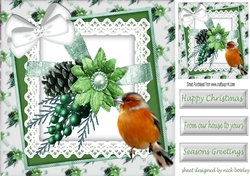 Lovely Robin With  green christmas arrangement and bow on lace 8x8