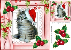Cute little kitten in santa hat on lace with holly 8x8
