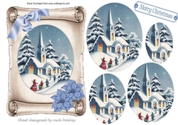 church in the snow with blue poinsettias on a scroll oval pyramids